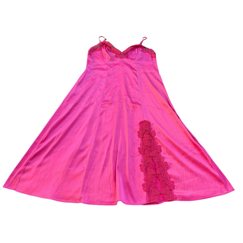 Victoria's Secret Hot Pink Satin Lace Trim Side Slit Midi Slip Dress Womens M